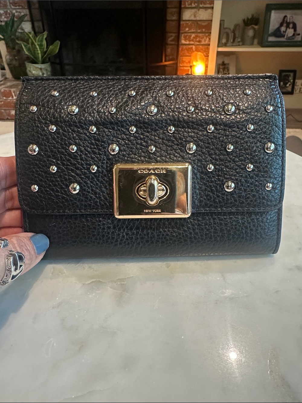 Coach Black Pebbled Leather Studded Turnlock Wallet